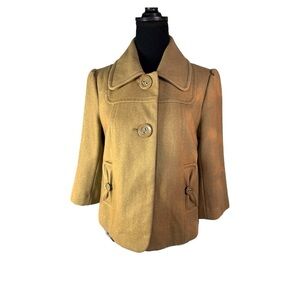 Anthropologie Tulle Tan 3/4 Sleeve Cropped Wool Coat Size Medium